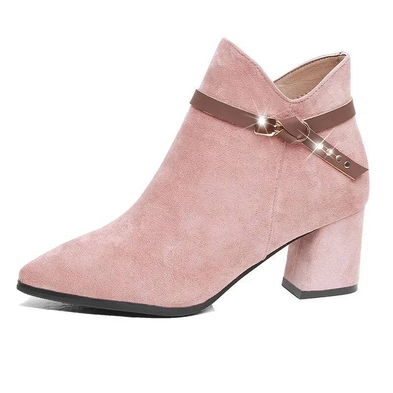 Ddmyoutdoor Fashion Women Casual Leather Low High Heels Spring Shoes Woman Pointed Toe Rubber Ankle Boots Black Red Zapatos Mujer Outdoor Shoes