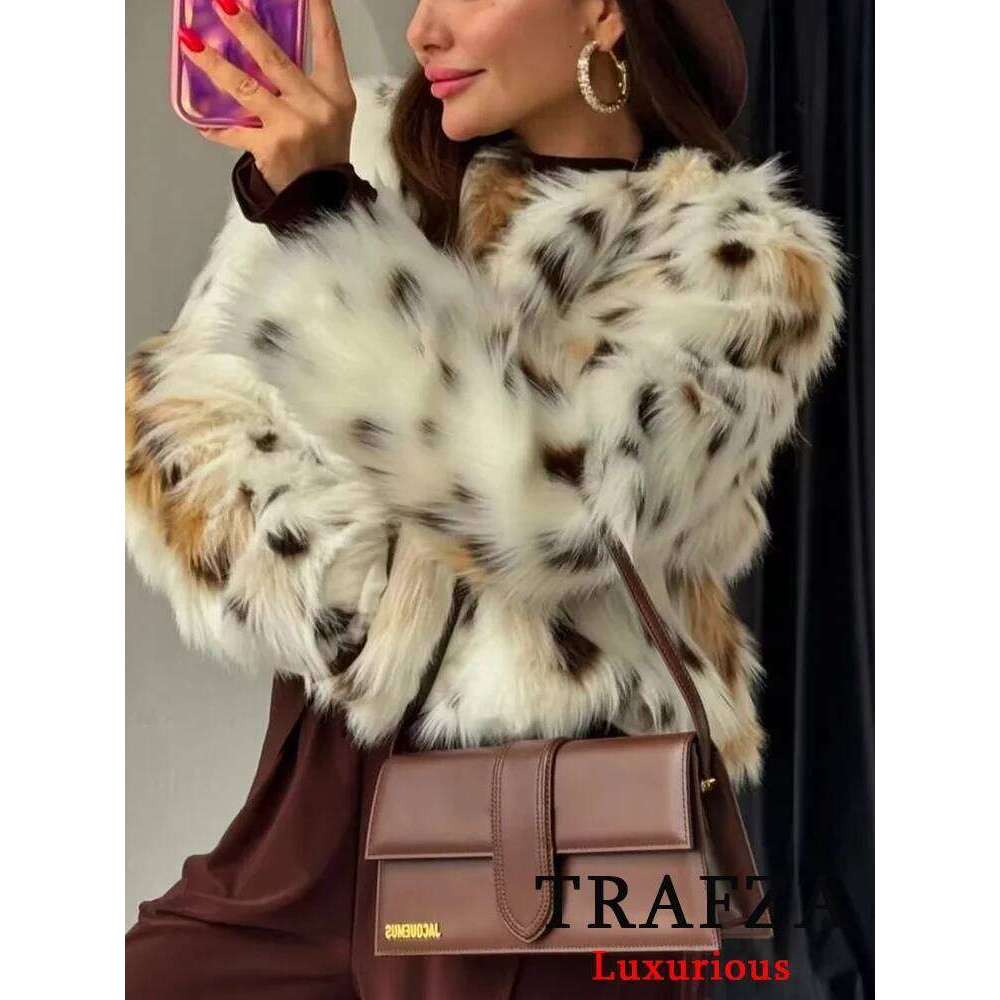 TRAFZA Vintage Leopard Chic Women Faux Fur O-Neck Long Sleeve Thick Jackets Fashion 2024 Autumn Winter Street Female Coat