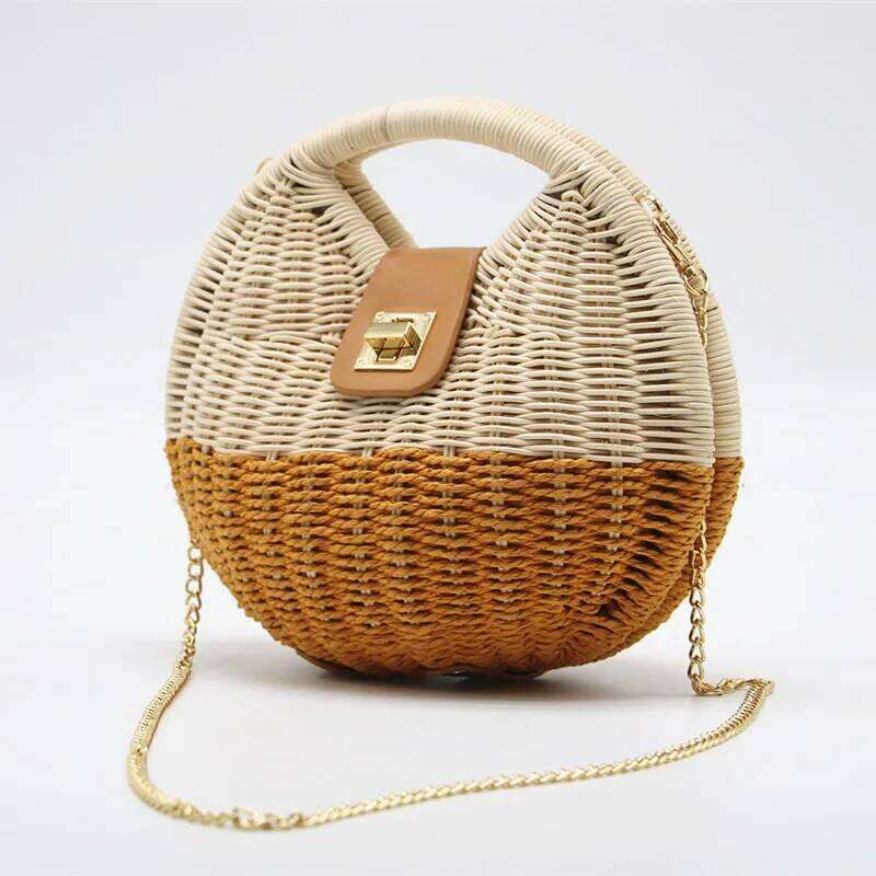 Bohemian Women's Crossbody Bags Summer Straw Beach Bag Round Flap Lock Chain Female Handbags Designer Shopper Purse