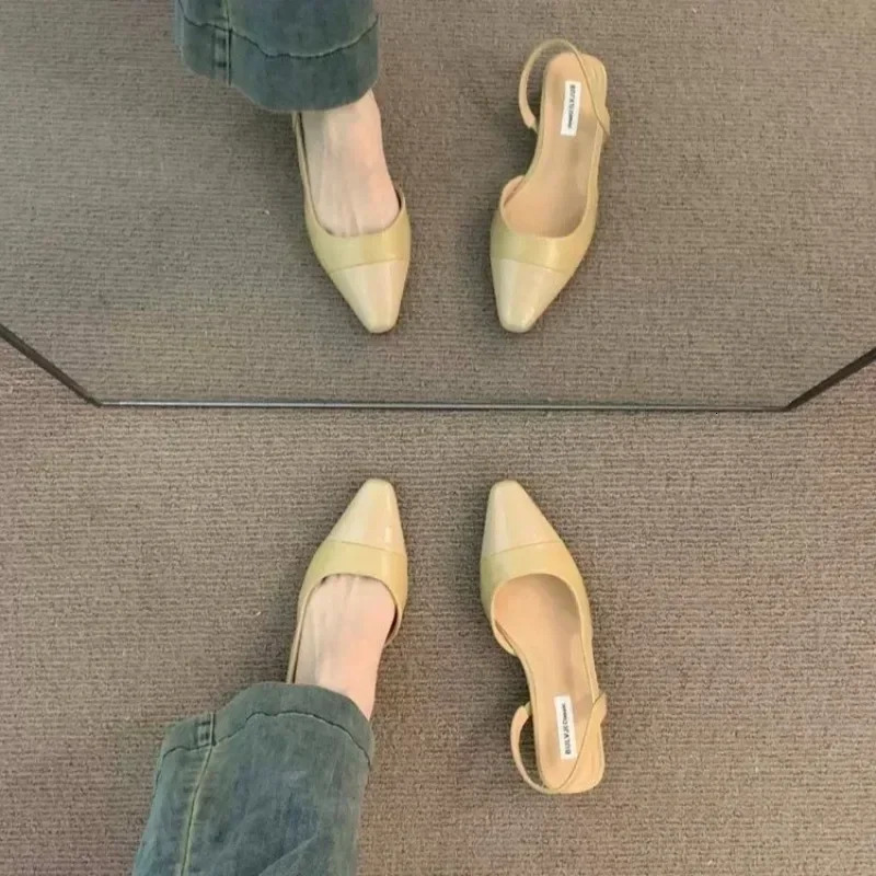 24Low Heel Baotou Sandals Womens French Nude Color Pointed Small Fragrant Style Ladies Thick Heels Back Air Style Single Shoes 250605