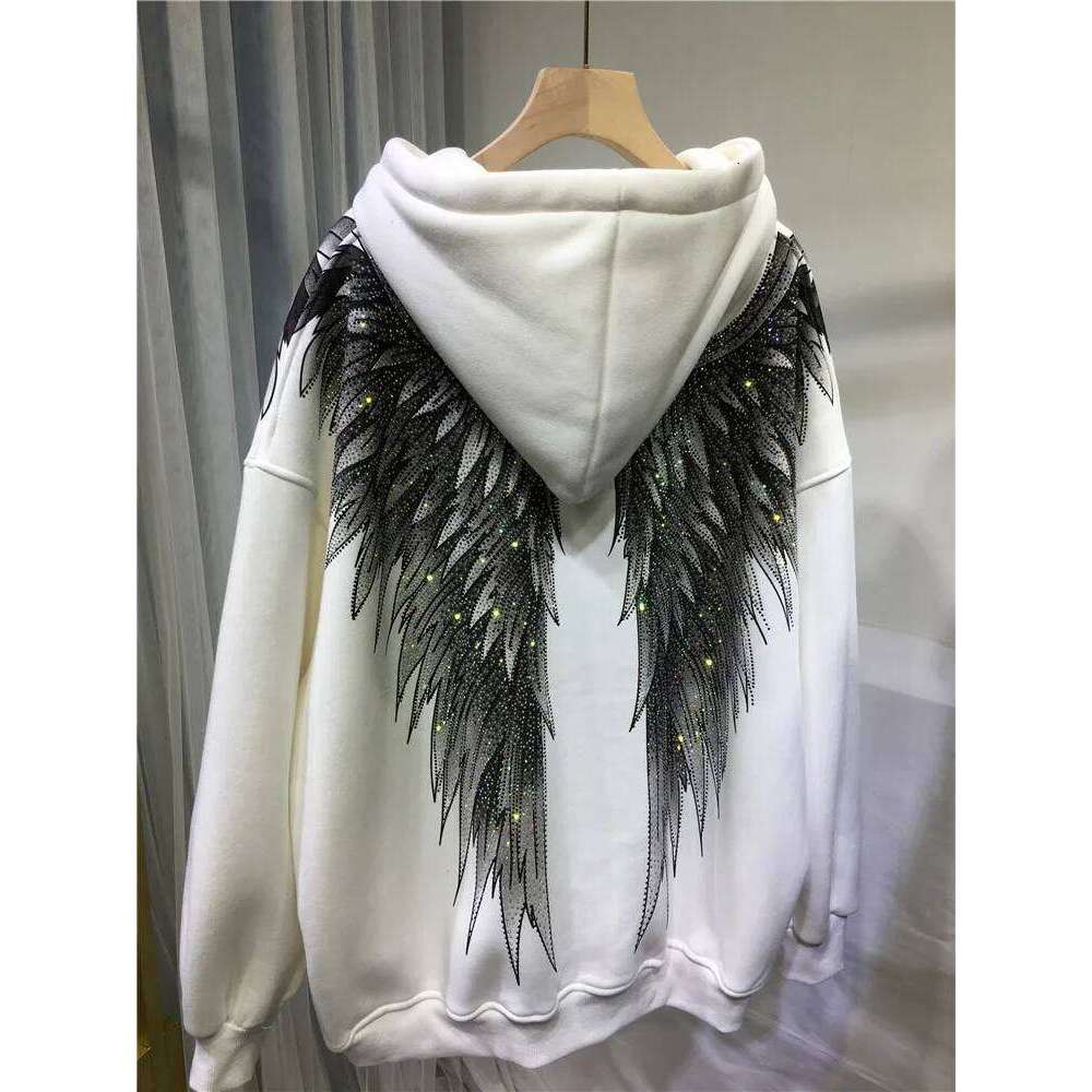 Women Big Wings Hot Drilling Hooded Jacket Dias Beaded Hoodies Coat Rhinestones Cardigan Zipper Plus Veet Tops