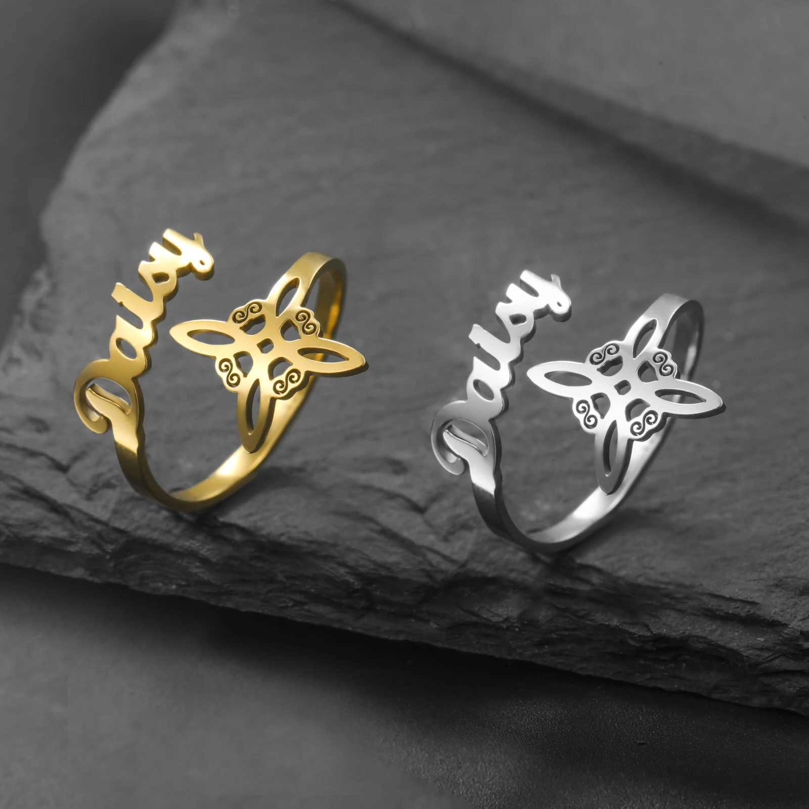 COOLTIME Custom Name Witch Knot Ring Stainless Steel Personalized Custom Couple Ring Amulet Jewelry for Mysterious Love Oath W250606