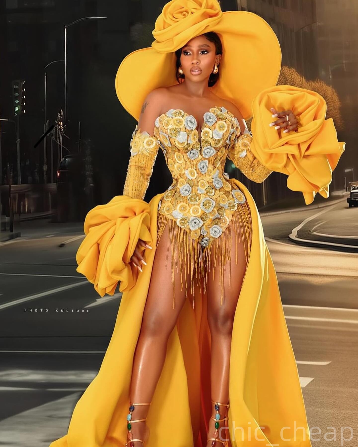 Yellow Mermaid Prom Dresses 2025 Flowers Beadings Satin Hi-Lo Evening Formal Party Second Birthday Engagement Gowns Plus Size Dress For Special Occasi