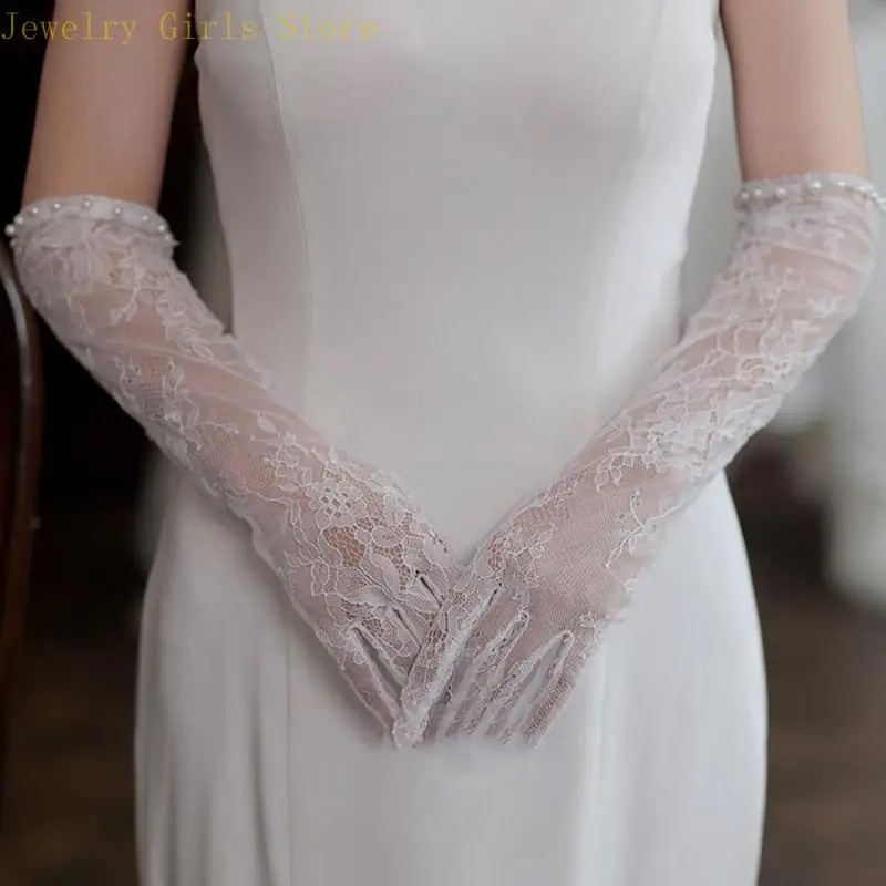 E56F Bride Sleeve with Pearls Gloves Wedding Hair Accessories White Wedding Gloves Sleeve Elaborate Sleeve 250603