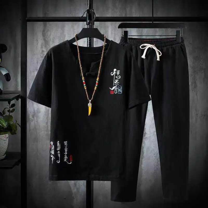 (Shirt + trousers) 2025 summer Chinese Style men shirt Cotton and linen shirts mens High quality casual shirts Two Piece M-5XL W250609