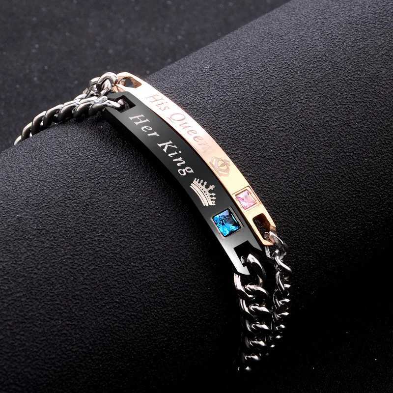 2 Style His Queen Her King Black Rose Gold Color Womens Male Chain Crystal Couple Bracelet for Men Women on Hands Jewelry W250606