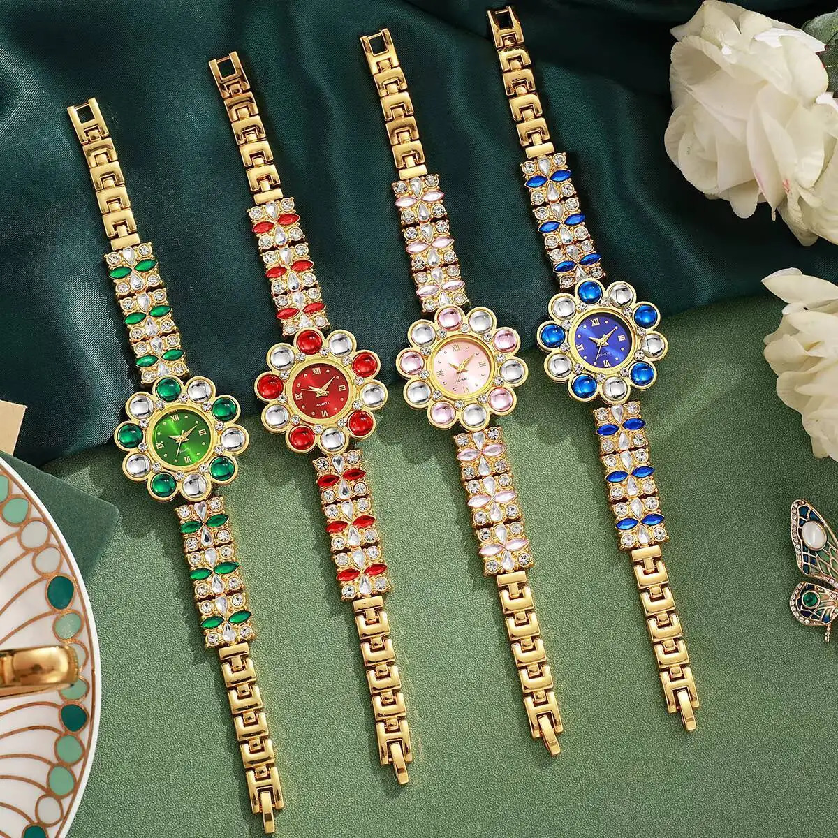 Fashion Flower Dial Women Quartz Watch Rhinestone Ladies Bracelet Wristwatch Reloj MujerWithout Box 250606
