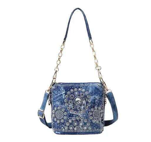 Bling Rhinestone Jeans Women's Handbags, Fashion Washed Denim Bucket Bag, Dia Handbag, Premium One Shoulder Crossbody Bag