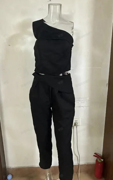 Womens Pants and Blouse Sets Summer Diagonal Collar Hanging Neck Slim Fit Top and High Waist Straight Leg Trousers Suits 250605