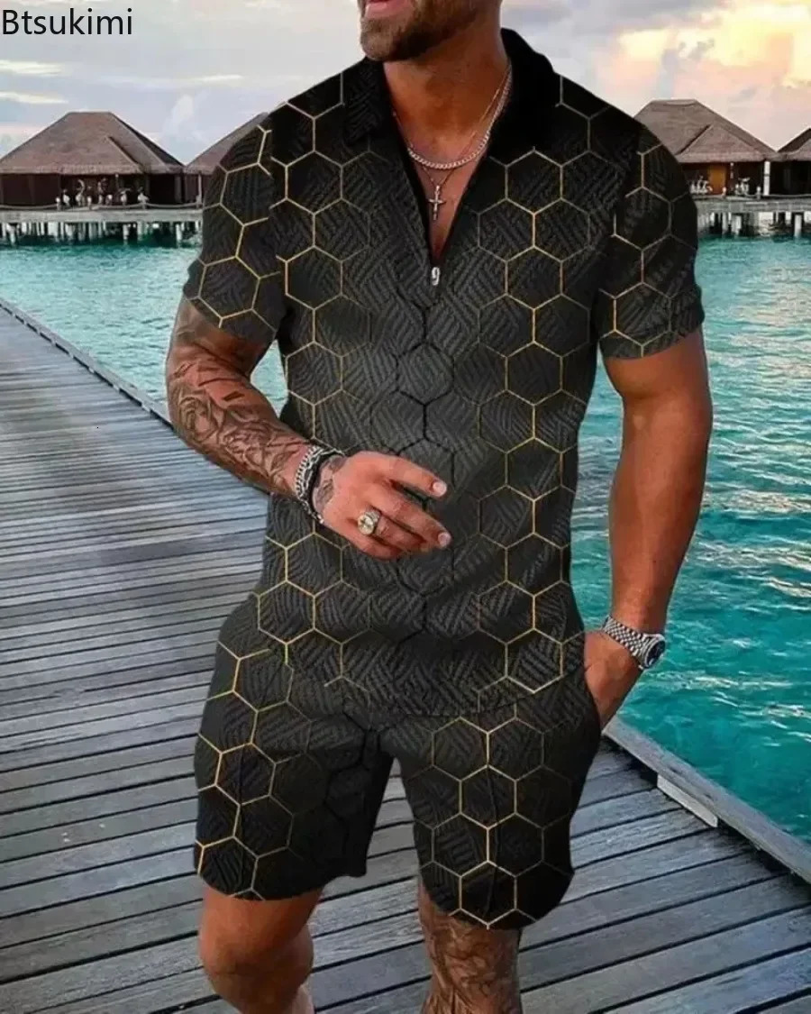 Men Polo Suit Fashion Mens Summer Solid Half Zip Short Sleeve Polo ShirtShorts 2 PCS Sets Men Casual Sport Suit Streetwear 250605