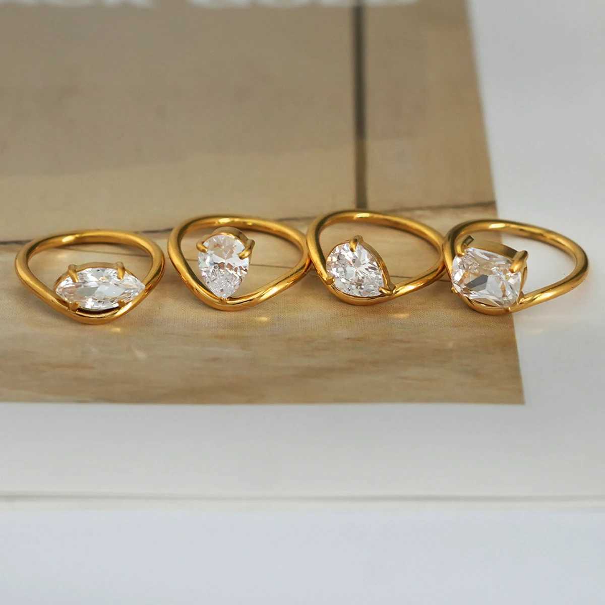 Luxury Shiny AAA Cubic Zirconia Stainless Steel Geometric Rings Waterproof High Quality Textured Jewelry Accessories for Women XJ250606