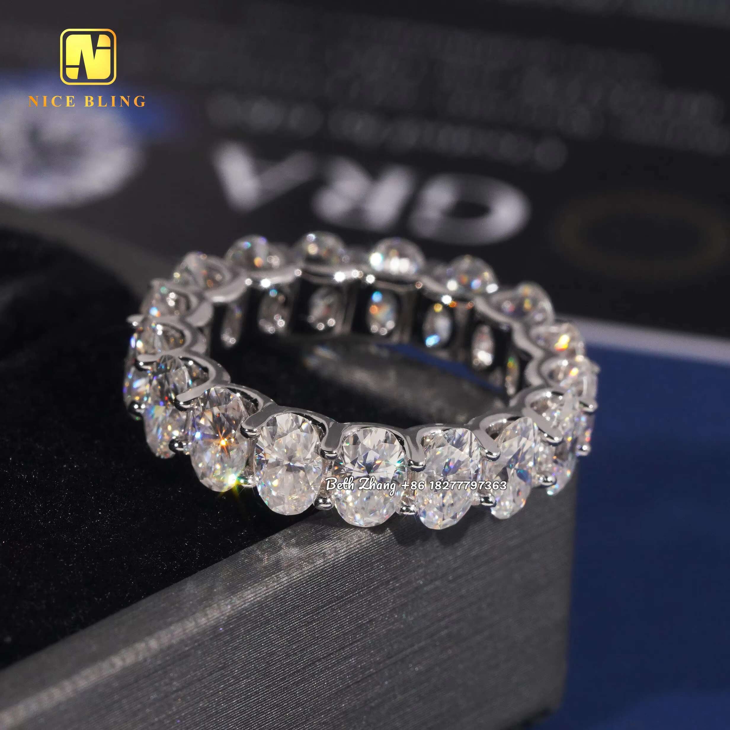 Fashion Engagement Bands 925 Silver Oval Moissanite Diamond Tennis Rings Trendy Hip Hop Wedding Ring for Men Women