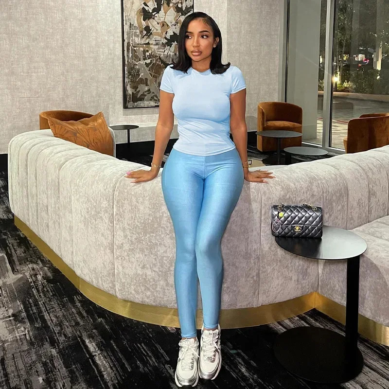 Leosoxs Casual Sporty Women 2 Piece Set Tracksuit Shorts Sleeve Crop TopsSilky Leggings Matching Streetwear Activity Outfits 250605