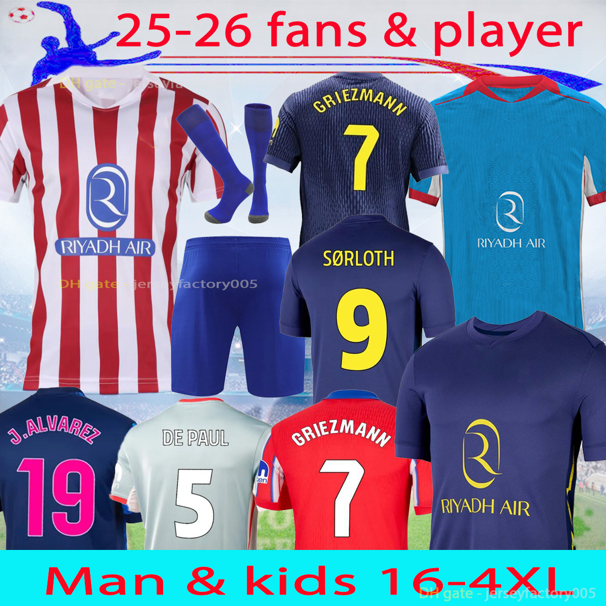 25 26 AtleticoMadrids soccer jerseys GRIEZMANN 2025 J.ALVAREZ M.LLORENTE KOKE SAUL Correa LEMAR football shirts men kids kit sets uniforms Le Normand Gallagher