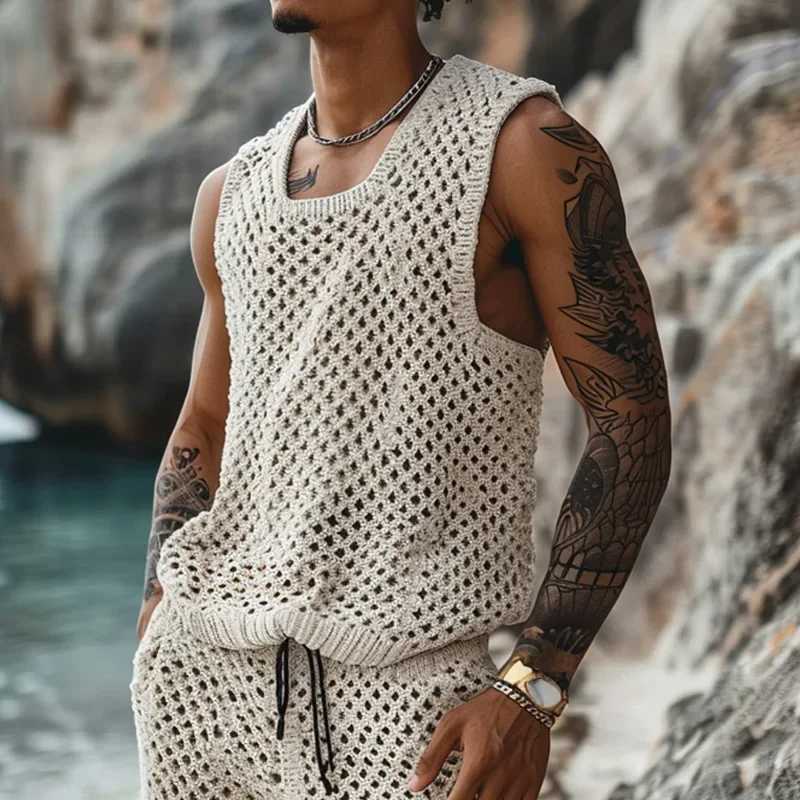Summer Mens Clothes Casual Knit Two-piece Sets Trendy Tank Tops Shorts Hollow Out Beach Sport Suits for Men Streetwear Design W250609