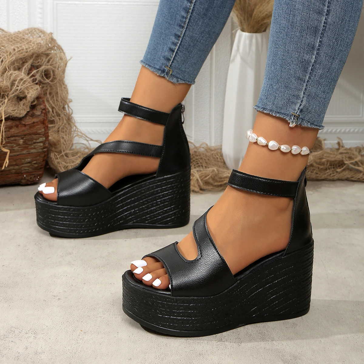 Women Wedges Sandals 2024 Summer High Heels Sandals Women Fashion Beach Solid Platform Shoes for Women Sandalias De Mujer 250605