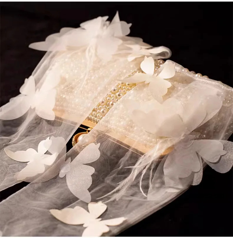 Stock Princes Wedding Gloves Full Finger Butterfly Feather Elbow Length Bridal Acccessory guantes largos mujer 250603
