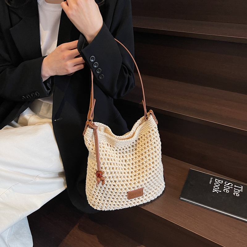 designer High-End Large Capacity Cotton Woven Bag for Women 2025 Spring Summer New Handheld Bucket Bag Commuter Crossbody Bag