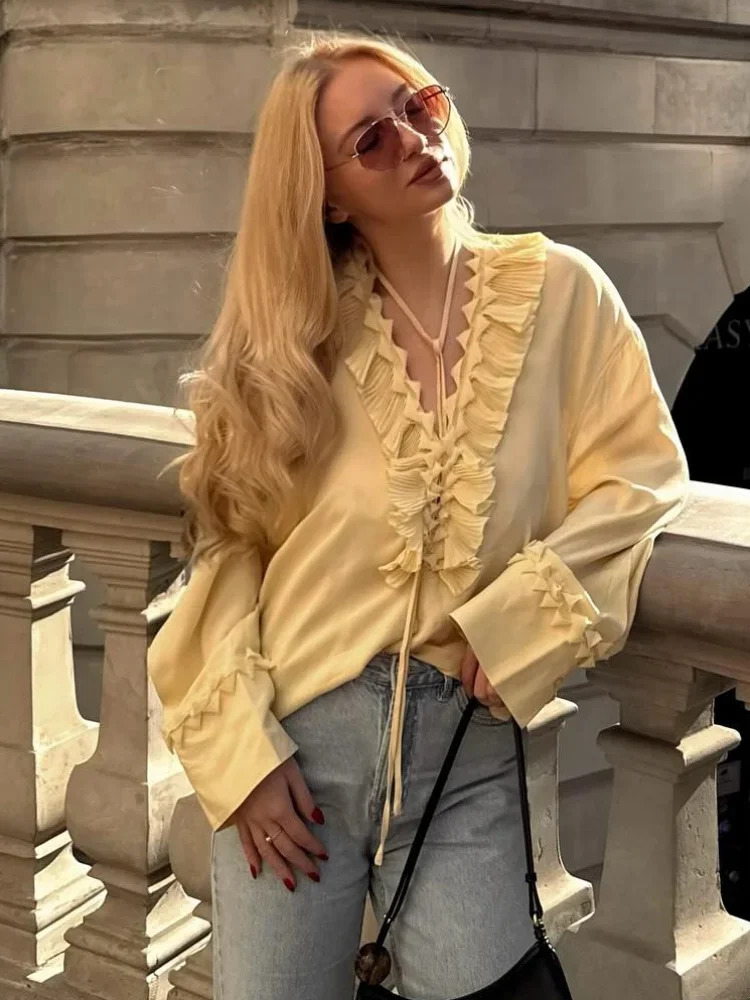 Summer Chiffon Ruffle Long Puff Shirts For Women Elegant Oversize V-neck Blouse 2025 Summer Holiday Chic Beach Street Loose Tops 250605