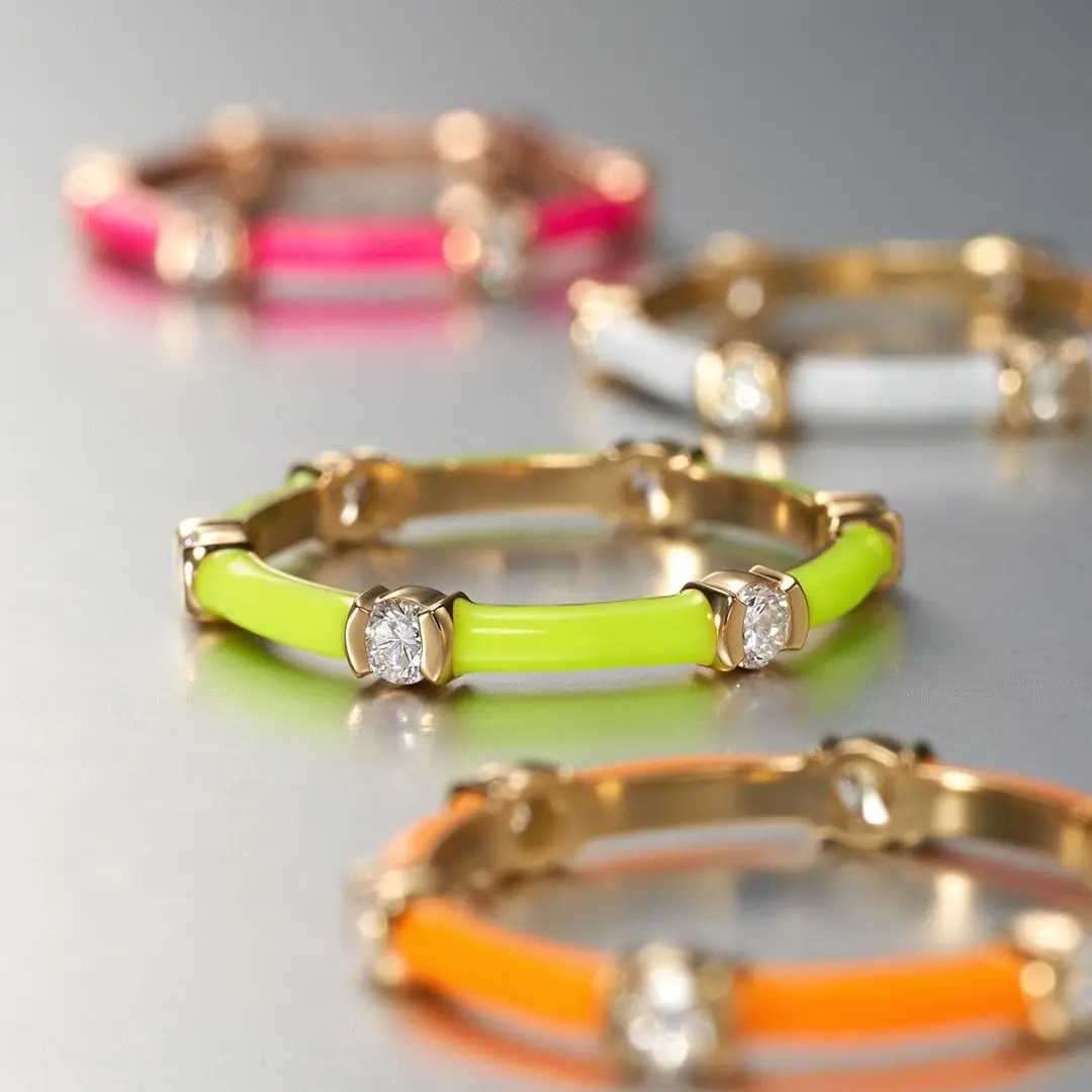 Colorful Enamel Gold Color Band Ring For Women Girl Neon CZ Stack Stacking Finger Rings W250606