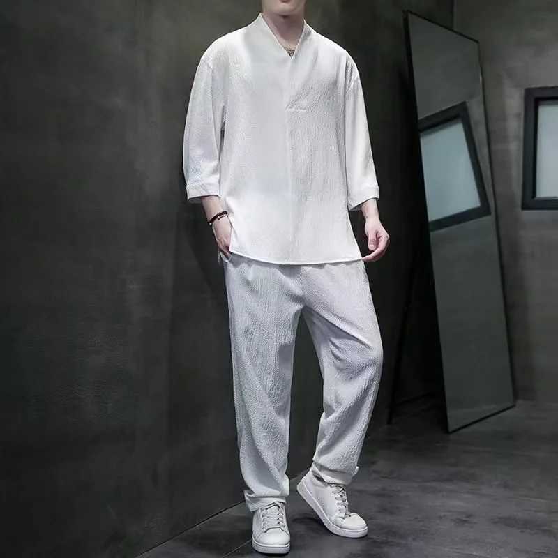 2024 Yaz Yeni Erkek in Tarz Buz pek Vintage Hanfu Tirt ve pantolon seti bol ve nefis rahat iki para set W250609