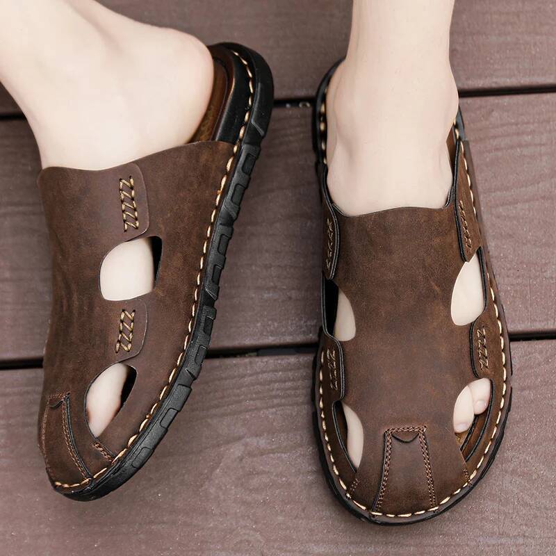 Ddmyoutdoor Mens Slippers Summer PU Shoes Brand Large Size Male Men Sandal Fashion Slipper Leather Flip Flops Beach outdoor shoes