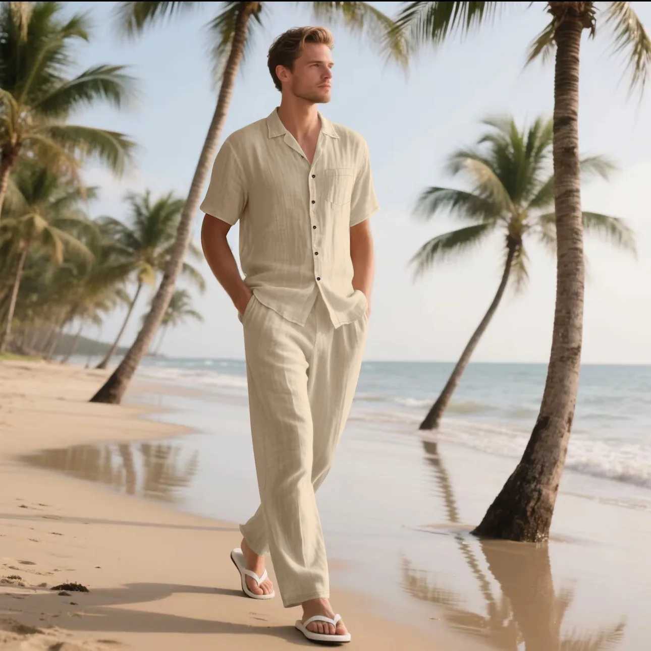 2025 Summer Beach Mens Linen Short-Sleeved Shirt Set is a Two-Piece Long Pants Set Suitable for Daily Casual Beach Vacations W250609