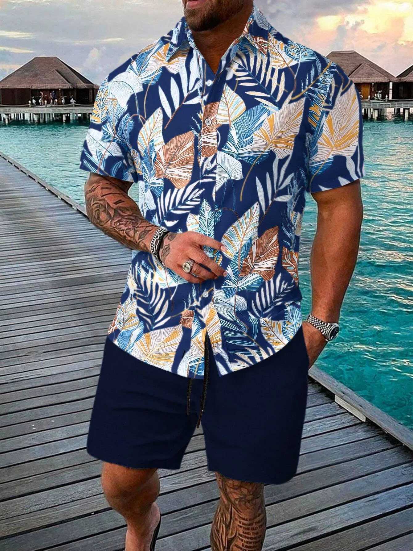 Funny 3D Leaves Print Mens Shirt Sets Fashion Hawaiian Short Sleeve Tops Shorts 2 Piece Outfit Summer Beach Vacation Man Suit W250609