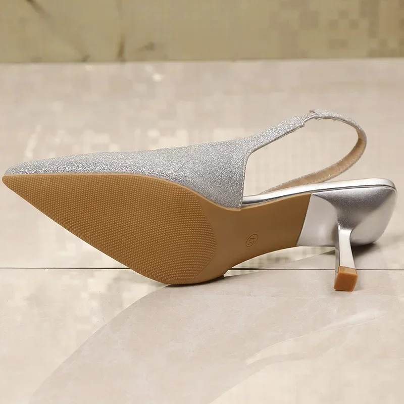 Womens Silver Shiny Sequin High Heels Pumps Summer Thin Heeled Slingback Shoes Plus Size 43 Pointed Toe Ladies Party Shoes 250605
