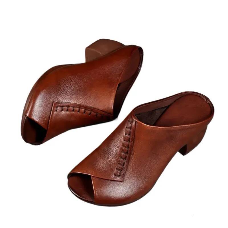 Ddmyoutdoor Thick Heeled Soft Leather Slippers Fish Mouth Womens Sandals Comfortable Versatile Women Shoe Platform Wedges Zapatillas Beach Shoes outdo