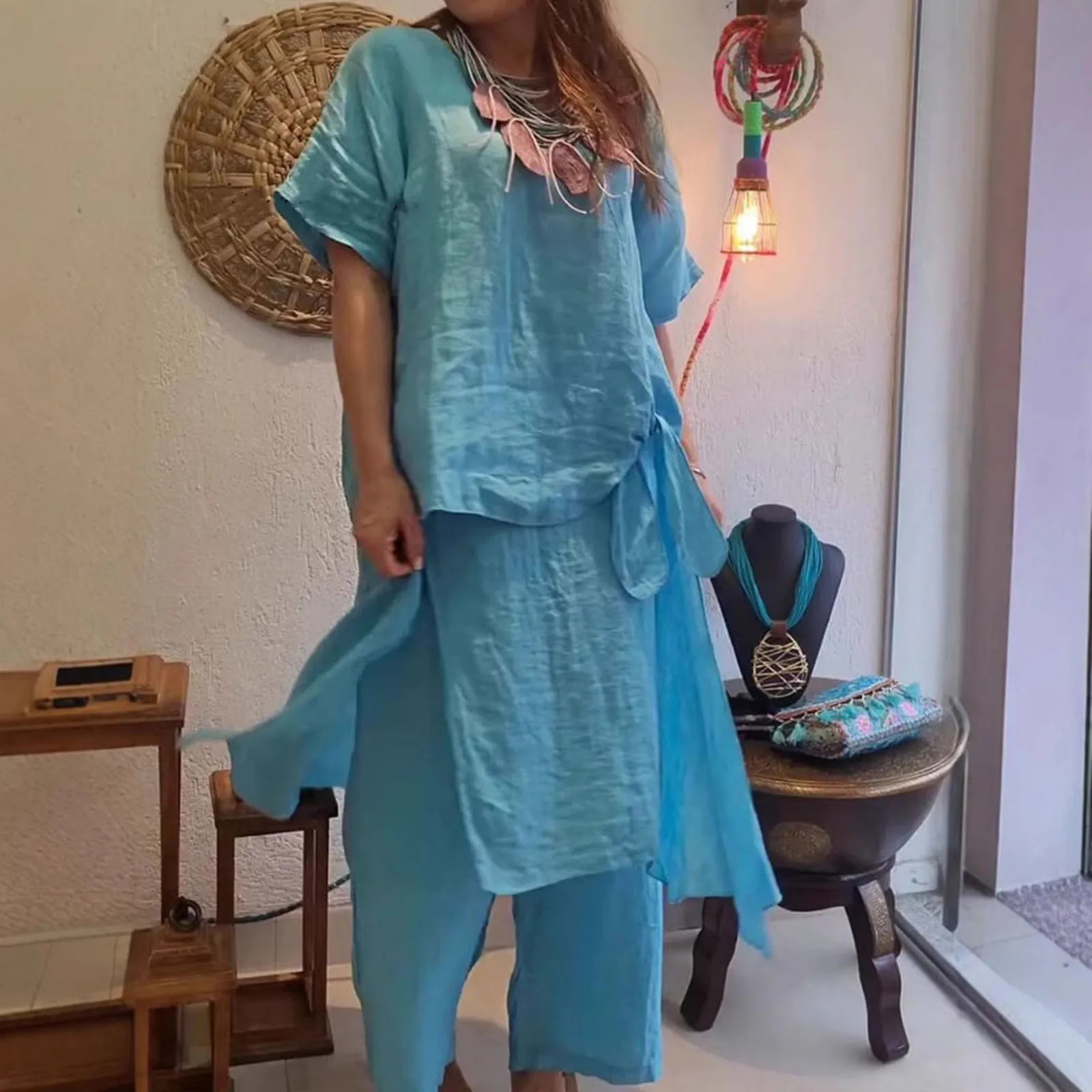 Simple Women Tops Pants Set Cotton Blend Short Sleeve Breathable Elastic Waist Outfit Suit T-shirt Pants Set Comfy 250605