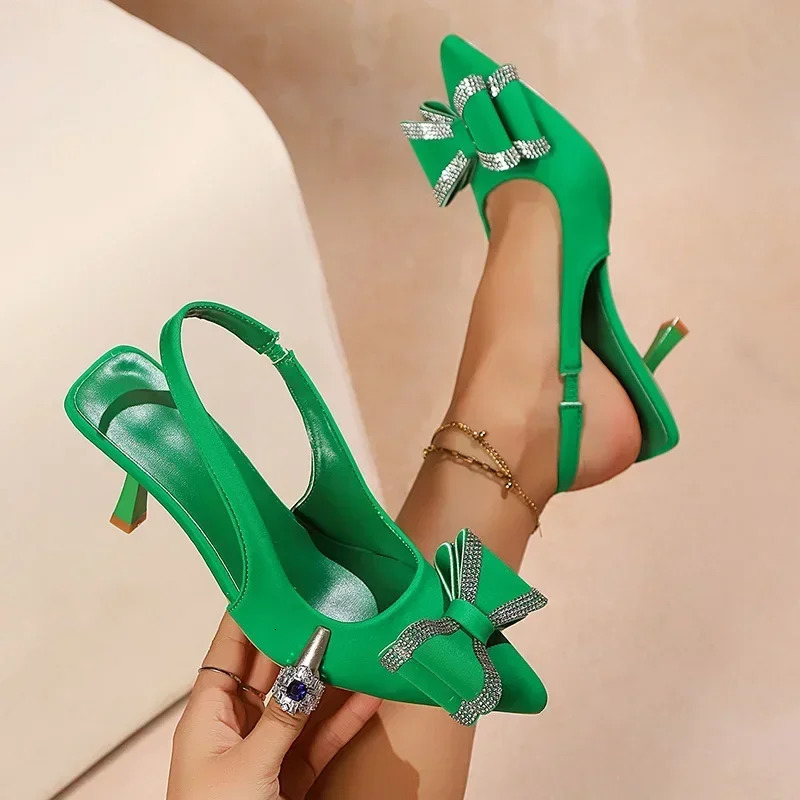 Crystal Bowtie Pink High Heels Pumps for Women Summer Pointed Toe Thin Heeled Ladies Shoes Plus Size Slingbacks Party Shoes 250605