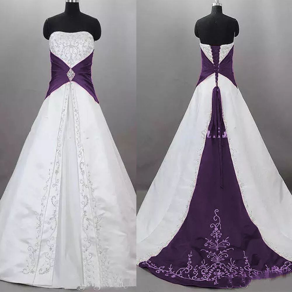 White And Dark Red Embroidery Wedding Dresses Strapless Satin A-Line Long Bridal Gown Corset Vintage Plus Size Bride Formal Occasion Wear