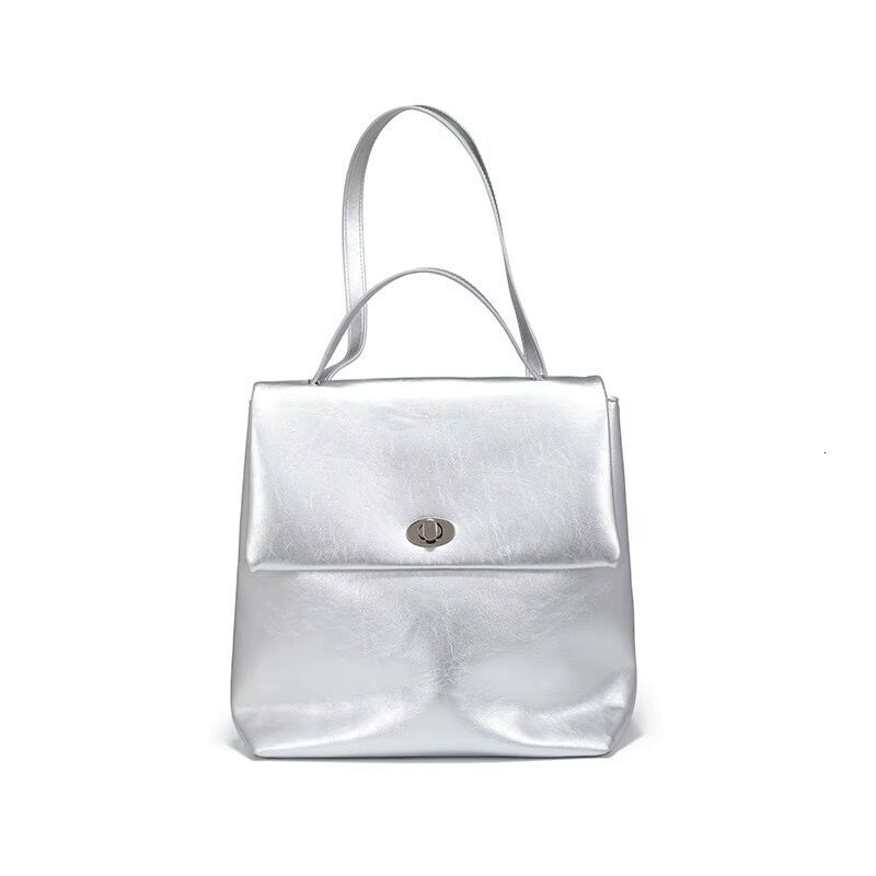 designer Niche High-End Silver Backpack Student Large Capacity Soft Leather School Bag Korean Style Versatile Fashion Shoulder Bag