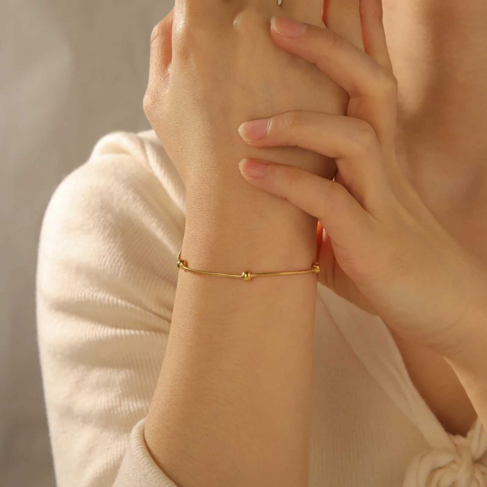 Skyrim Beaded Round Snake Chain Bracelet Women Stainless Steel Gold Color Adjustable Bracelets Minimalist Jewelry Gift Wholesale W250606