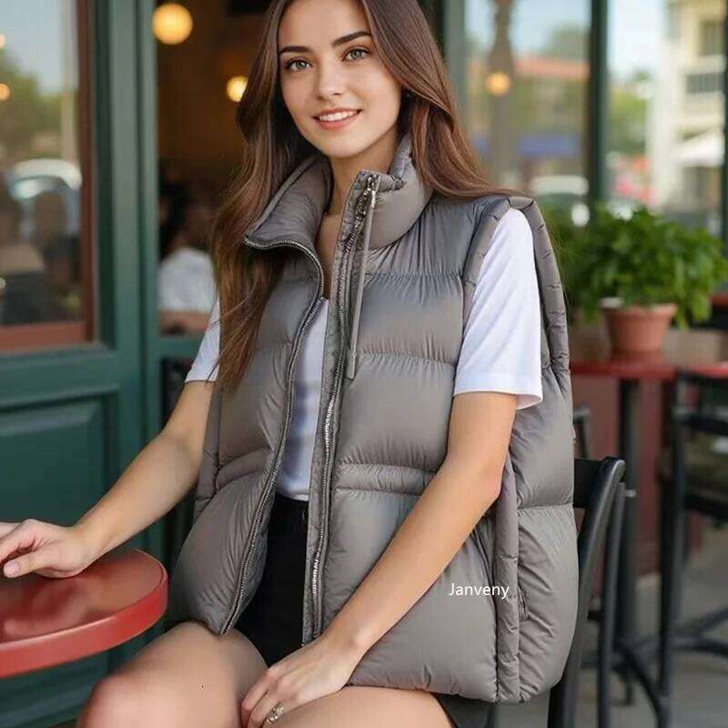 Janveny 2025 New Winter Drawstring Short White Duck Waistcoat Women Stand up Collar Loose Soft Puff Down Sleeveless Vest