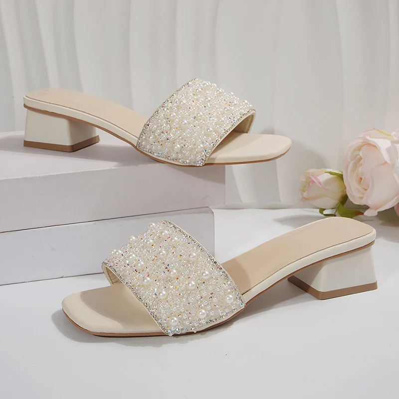 Pearl Decor Chunky Heel Sandals Women Fashion Square Toe Summer Slippers Woman Plus Size Comfort Slip On Sandalias Mujer 2025 250603