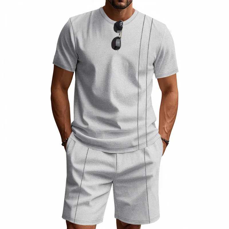 Summer American Waffle Round-Neck Mens Suit 2025 Loose Ins Style Simple Short Sleeve Top And Shorts Set for Casual Wear W250609