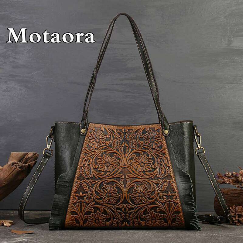 MOTAORA New Retro Casual Handbag Women's Genuine Leather Shoulder Tote Female Handmade Emed Cowhide Crossbody Bucket Bag