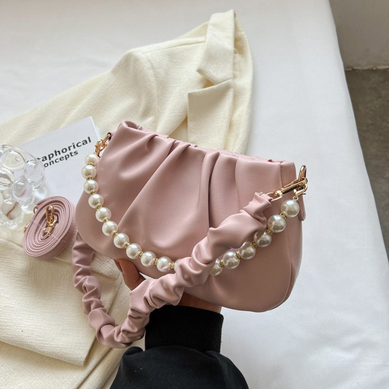 designer French Style Versatile White Pleated Cloud Small Bag for Women 2025 New Pearl Chain Underarm Bag Single Shoulder Crossbody Bag