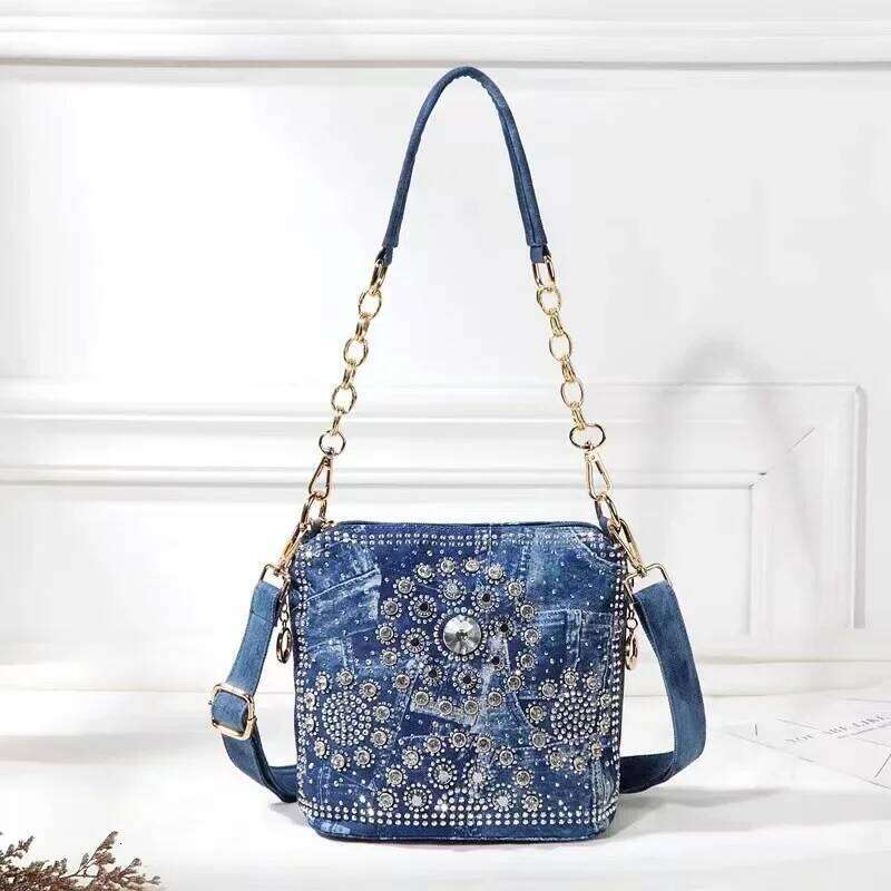 Bling Rhinestone Jeans Women's Handbags, Fashion Washed Denim Bucket Bag, Dia Handbag, Premium One Shoulder Crossbody Bag