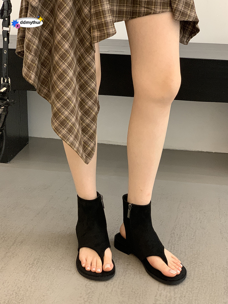 French Style Toe Post for Women 2025 Summer New Genuine Leather Sandals Booties Slip-On Short Boots Flat Flip-Flops Trendy ddmythur