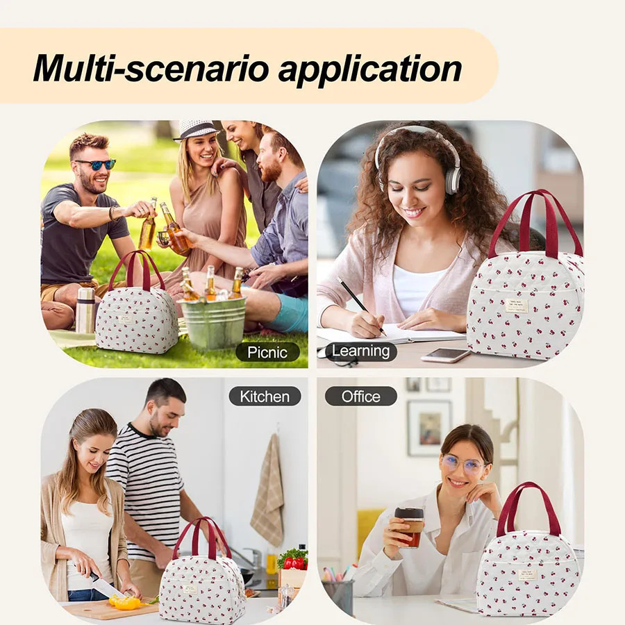 Quilted Lunch Bag Large Capacity Cute Lunch Box Bag Floral Printed Bento Bag Travel Picnic Camping Bag 250606
