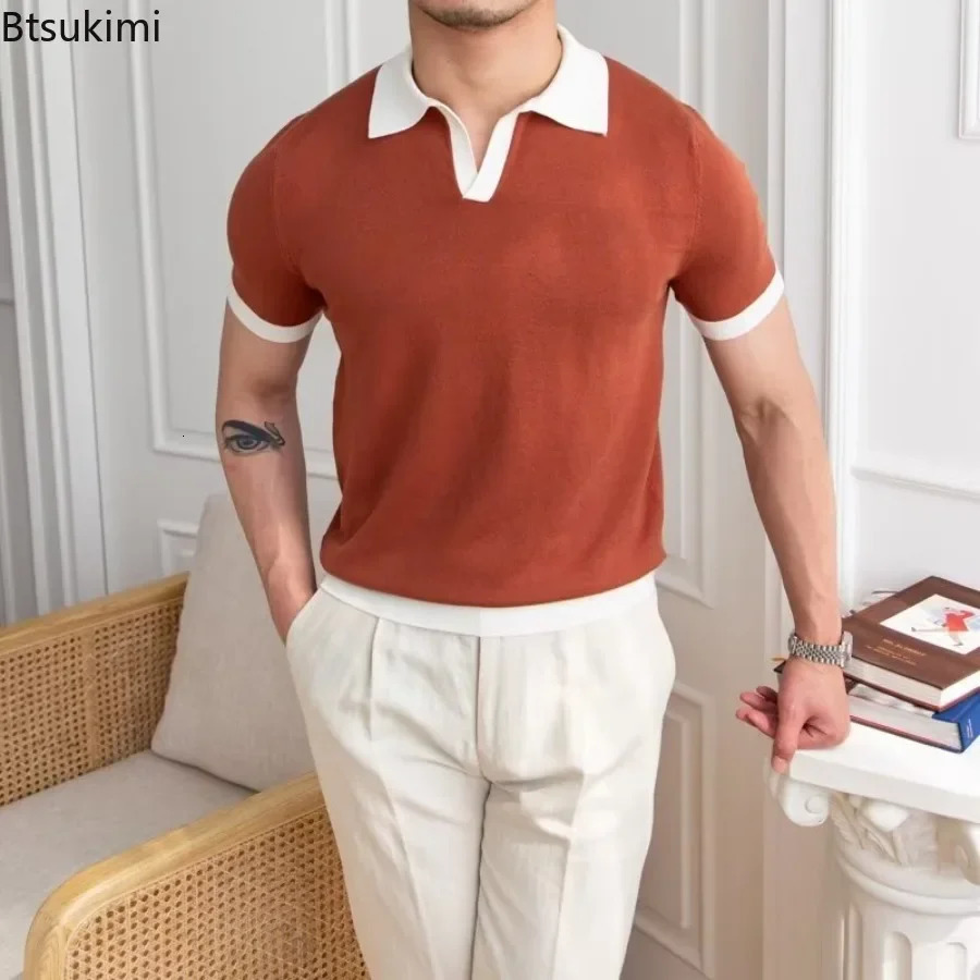 Fashion Mens Elegant Knitted Polo Shirts Casual Versatile Lapel Tees Summer Breathable Loose Tops for Men Clothes 250530