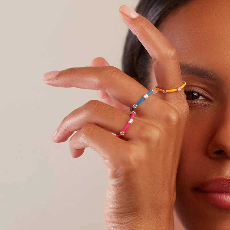 Colorful Enamel Gold Color Band Ring For Women Girl Neon CZ Stack Stacking Finger Rings W250606