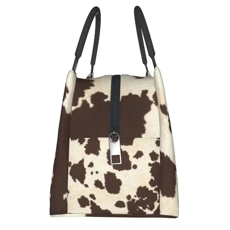 Brown and White Cowhide Lunch Bag for Womens Cooler Insulated Lunch Box Used for Camping 250606
