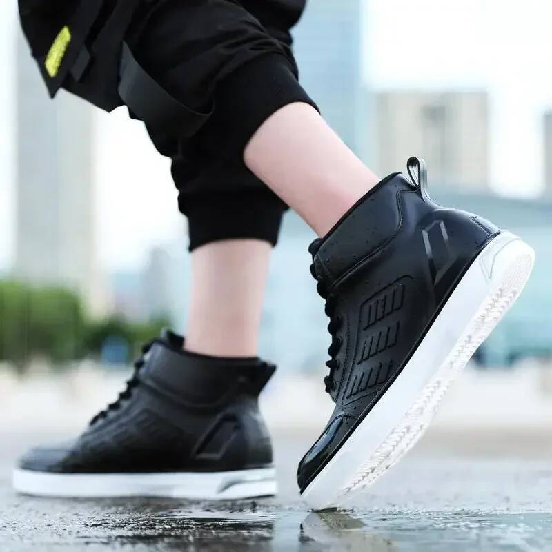 Ddmyoutdoor Waterproof Shoes Black High Top Ankle Casual Flat Rainboots For Men Fashion Rubber Rain Boots Size Outdoor Shoes
