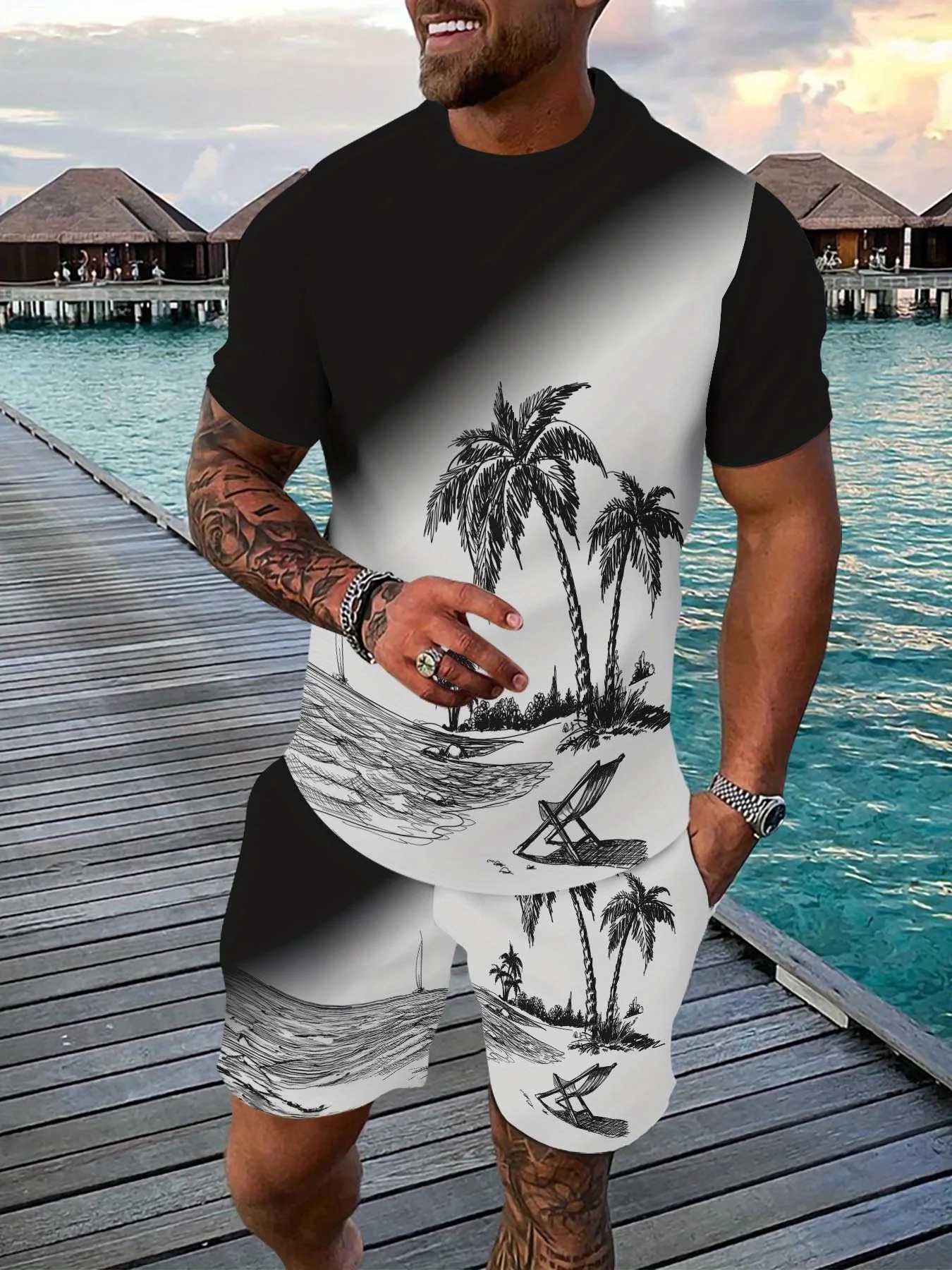 Hawaiian Style 3D Printed Mens T-shirt And Shorts Set Summer Everyday Mens Short Sleeves Outdoor Beach Mens Casual Shorts W250609