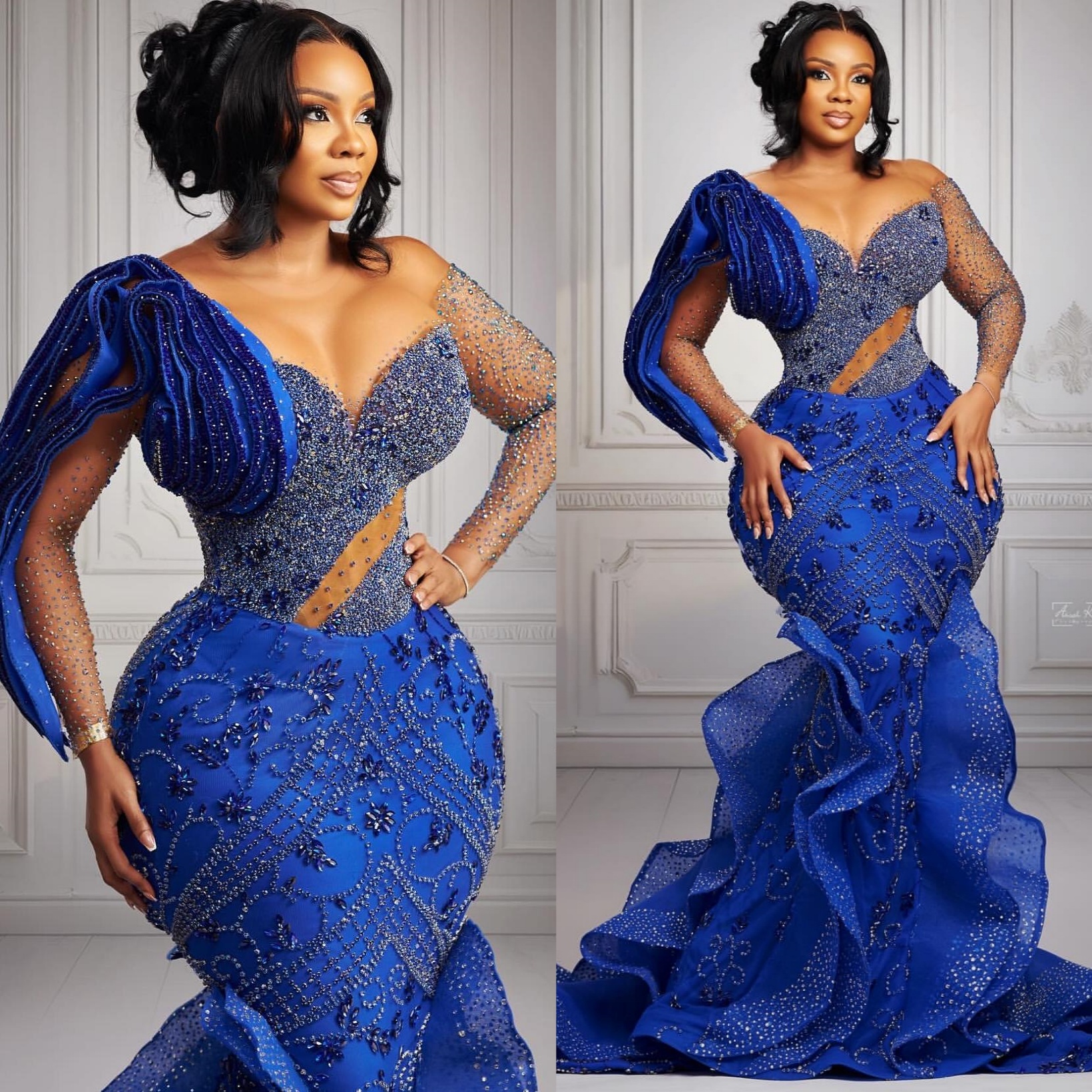 Royal Blue Mermaid Prom Dresses 2025 Beaded Crystals Ruffles Luxurious Evening Formal Party Second Birthday Engagement Gowns Plus Size Dress For Speci