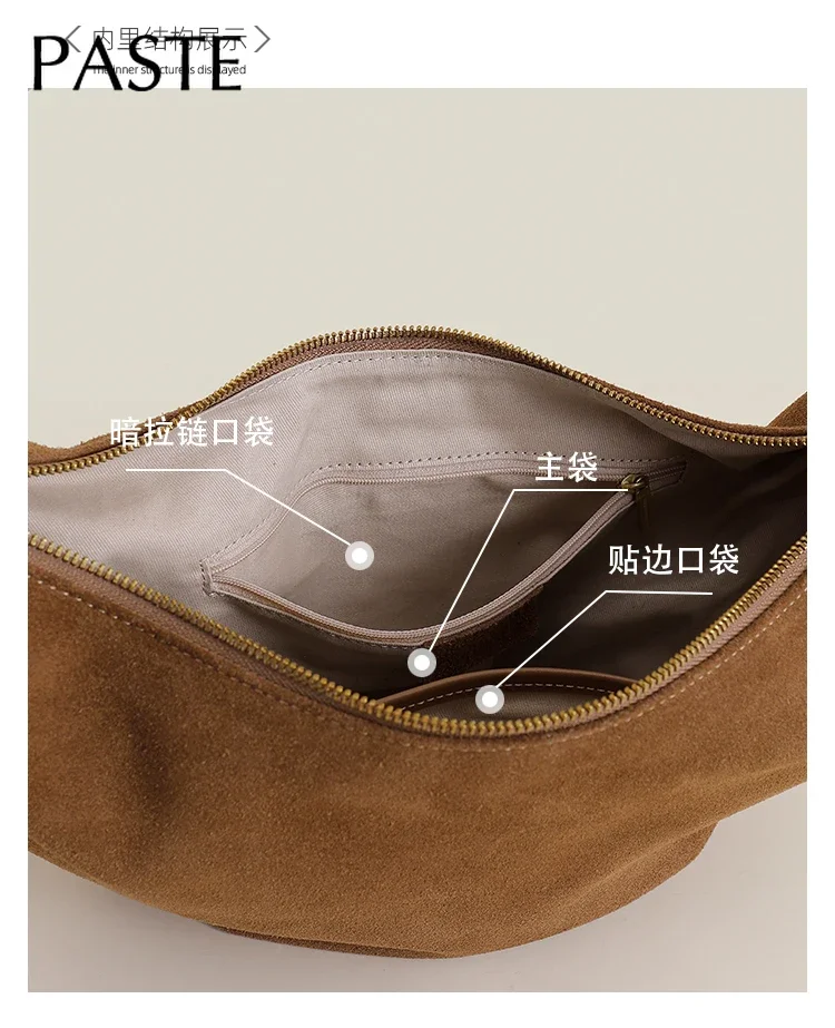 New Autumn Winter Frosted Cowhide Hobo Tote Adjustable Handle Camel Coffee Color Genuine Suede Leather Women Armpit Shoulder Bag